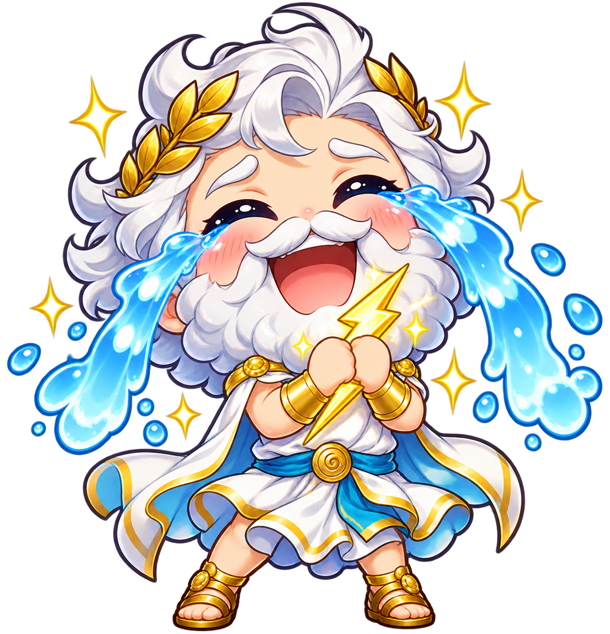 Chibi Zeus crying enormous tears of happiness over colorful terminal output