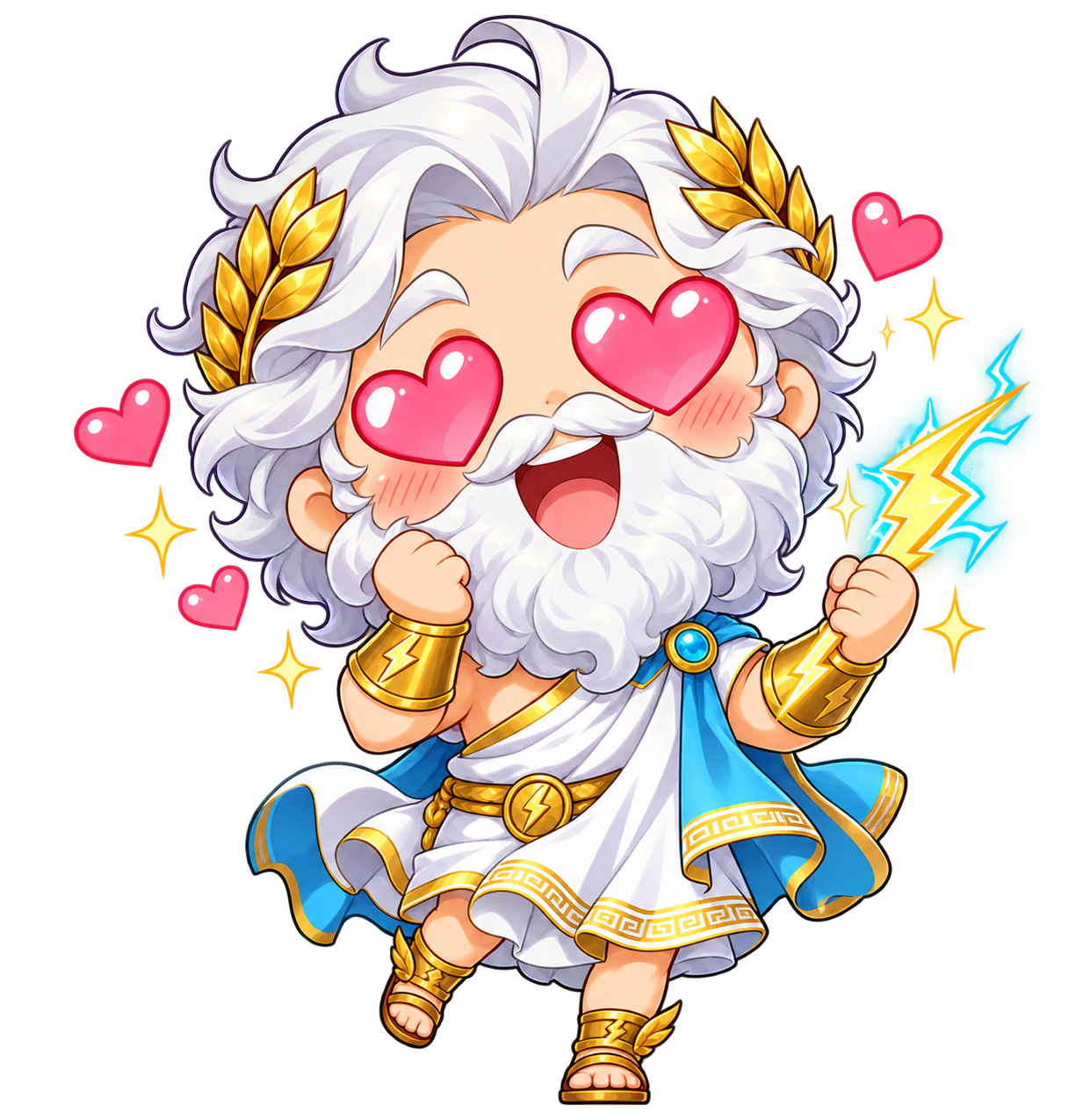 Chibi Zeus with huge heart eyes, delighted by shell completion