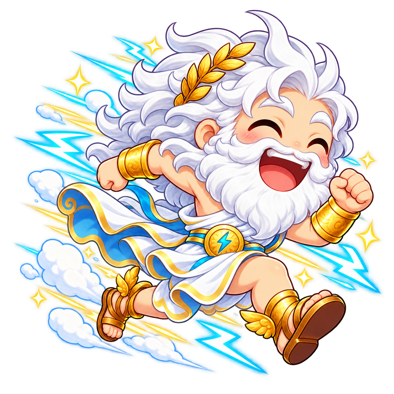 Ultra-cute chibi Zeus sprinting at impossible speed with lightning and tiny clouds