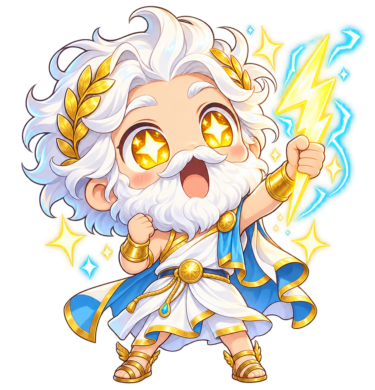Ultra-cute chibi Zeus with star eyes holding a lightning bolt